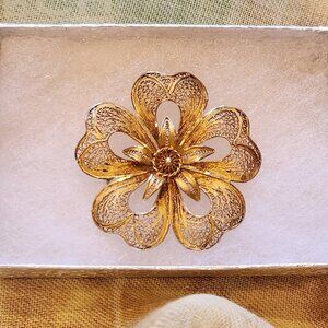 VTG TOPAZIO Portugal Sterling & Gold Vermeil Filigree Flower Brooch, 1 5/8" Dia.